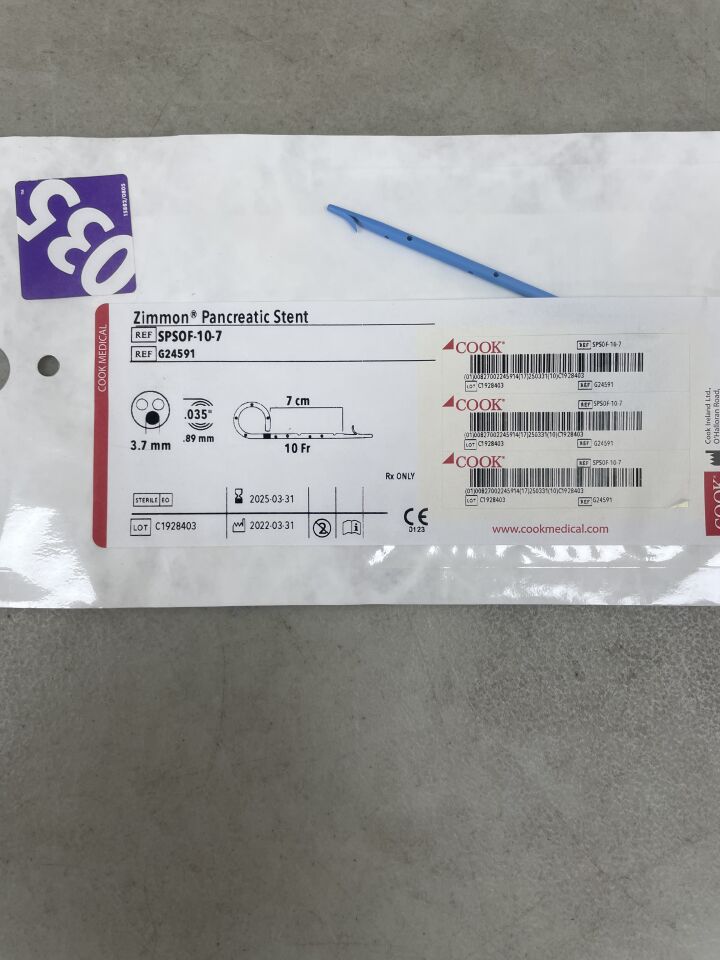 G24591 - COOK - Zimmon Pancreatic Stent 10F x 7cm, (EA) - ( Expiry Date: 2025-03-31 )