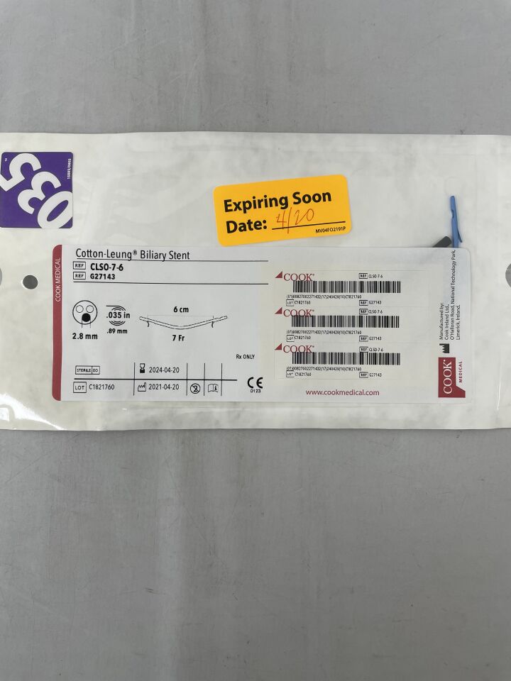 G27143 - COOK - Cotton-Leung Biliary Stent 7Fr x 6cm, (EA) - ( Expiry Date: 2025-08-24 )