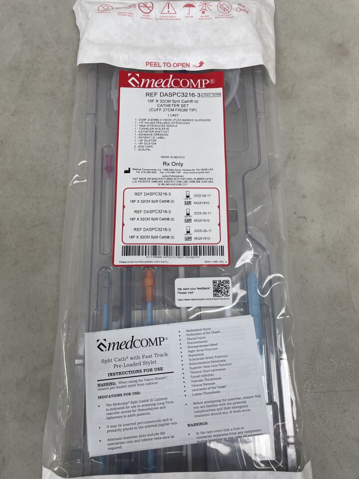 DASPC3216-3 - MEDCOMP - Split Cath III Dialysis Catheter Set, Dual Lumen 16F x 32cm, Long-Term, (EA) - ( Expiry Date: 2025-09-17 )