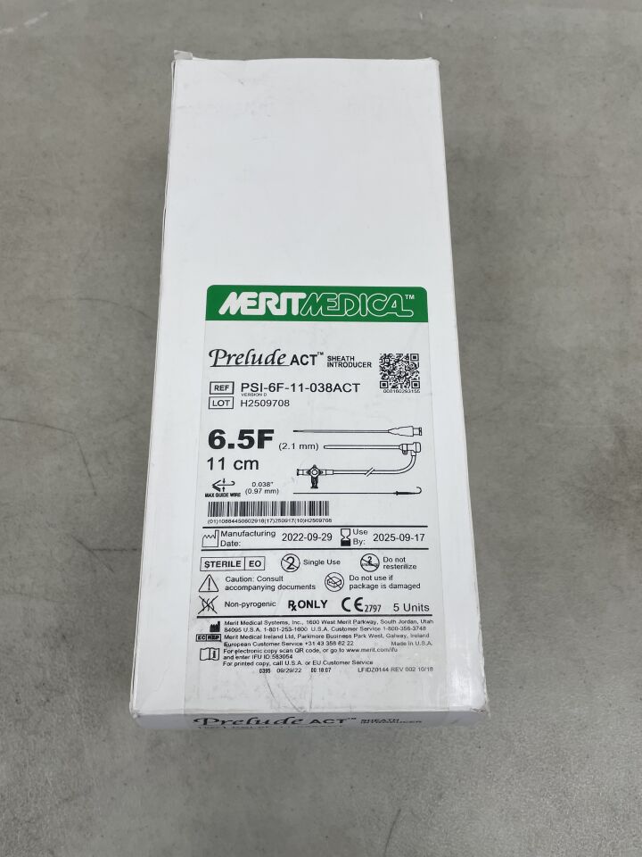 PSI-6F-11-038ACT - MERIT MEDICAL - Prelude ACT Sheath 6.5F x 11cm with 0.038" x 50cm Guidewire, Green, (BX/5) - ( Expiry Date: 2025-09-17 )