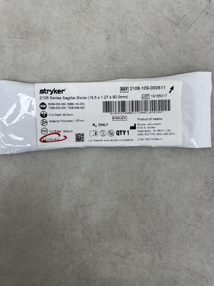 2108-109-000S11 - STRYKER - 2108 Series Sagittal Blade, 19.5 x 1.27 x 90mm, (EA) - ( Expiry Date: 2024-06-01 )