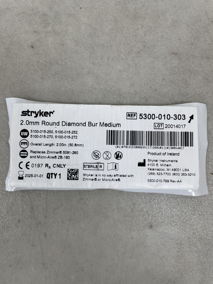 5300-010-303 - STRYKER - 2.0mm Round Diamond Bur, Medium, (EA) - ( Expiry Date: 2025-01-01 )