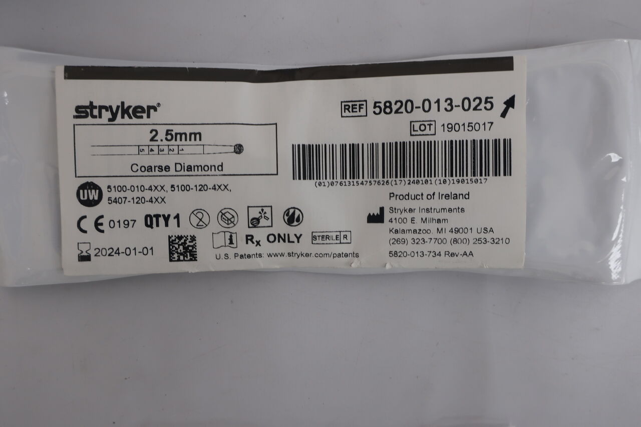 5820-013-025 - STRYKER - Elite Round Diamond Bur, Coarse 2.5mm, (EA) - ( Expiry Date: 2025-10-01 )