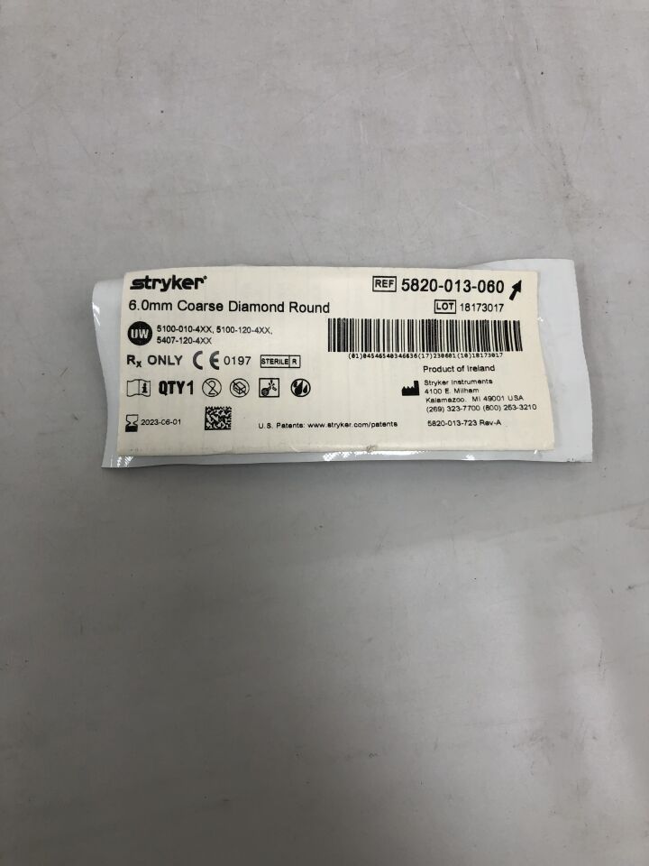 5820-013-060 - STRYKER - Coarse Diamond Round Bur, 6.0mm, (EA) - ( Expiry Date: 2025-12-01 )