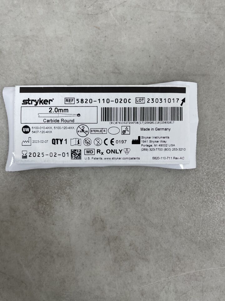 5820-110-020C - STRYKER - Carbide Round Cutting Burr, 2 mm Head Diameter, (EA) - ( Expiry Date: 2025-02-01 )