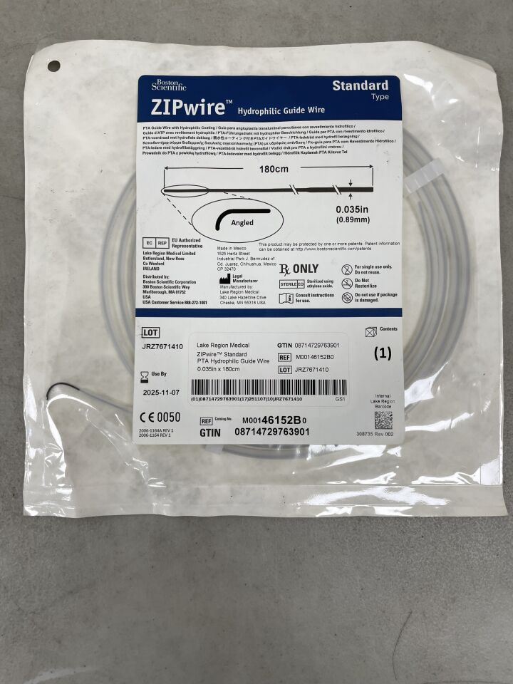 46152B - BOSTON SCIENTIFIC - ZIPwire Hydrophilic Guide Wire, Standard, Angled, 180cm x 0.035", (EA) - ( Expiry Date: 2025-11-07 )