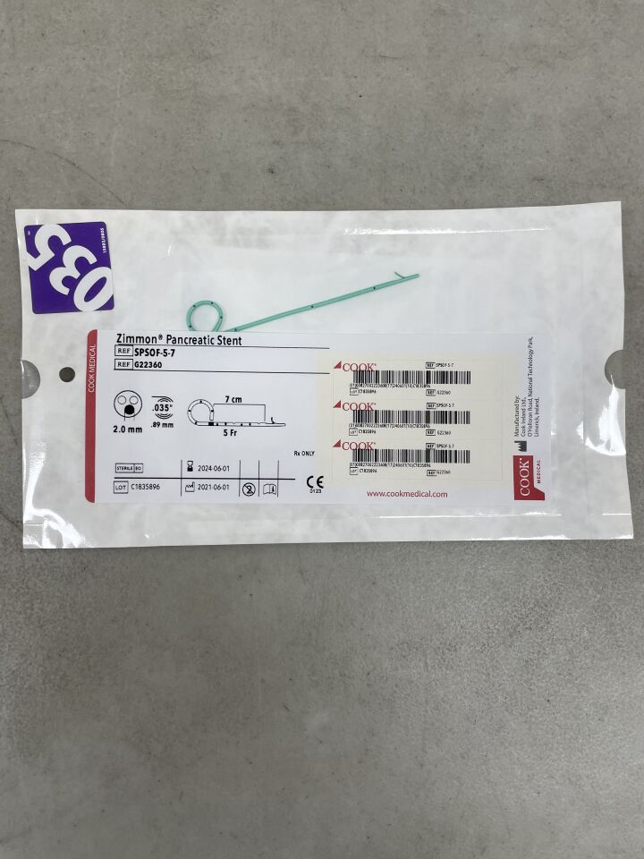 G22360 - COOK - Zimmon Pancreatic Stent 5F x 7cm, (EA) - ( Expiry Date: 2024-06-01 )
