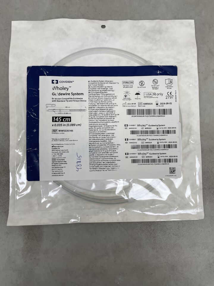 WWSS35145 - COVIDIEN - Wholey Guidewire System, Standard Tip, Extension Compatible, 0.035" x 145cm, (EA) - ( Expiry Date: 2024-09-01 )