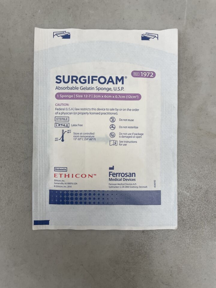 1972 - ETHICON - Surgifoam, Absorbable Gelatin Sponge, size 12-7, 2cm x 6cm x 0.7cm, (EA) - ( Expiry Date: 2024-09-17 )