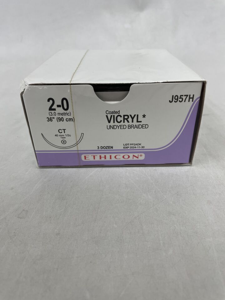 J957H - ETHICON - COATED VICRYL (polyglactin 910) Suture, Taper Point, Absorbable, CT 40mm ½ Circle, Undyed Braided 36" = 90cm, Size: 2-0 , ( BX/36 ) - ( Expiry Date : 2026-03-31 )