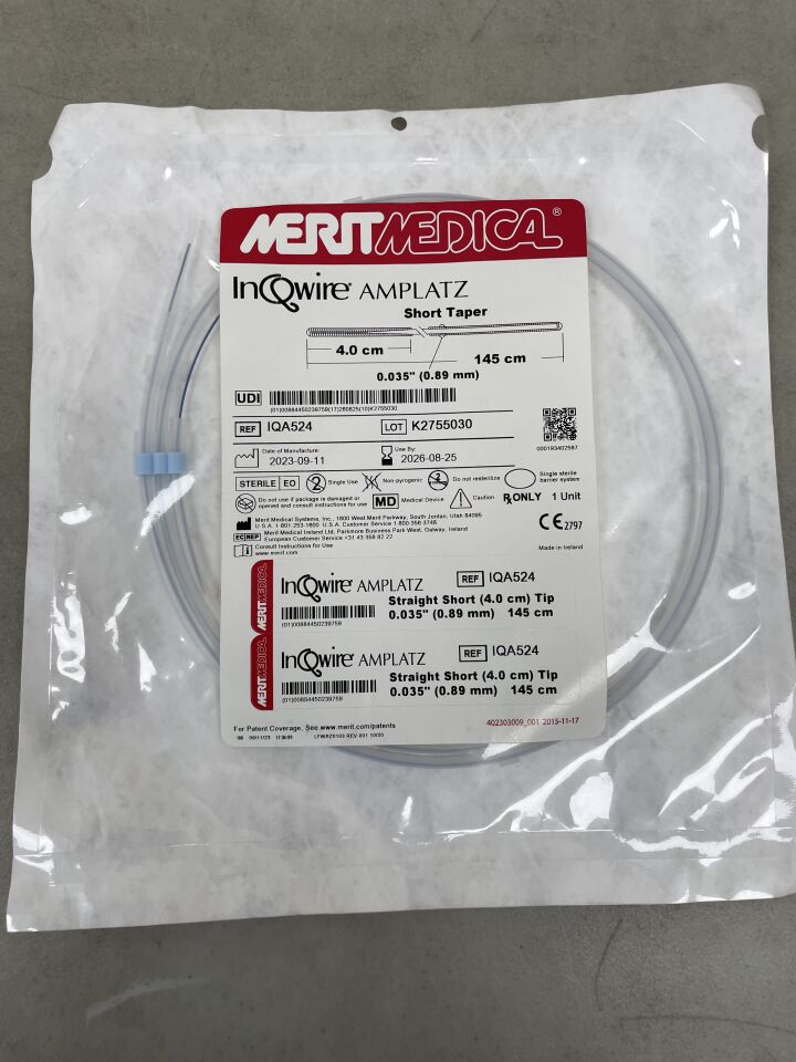 IQA524 - MERIT MEDICAL - InQwire Amplatz Guide Wire, Exchange 0.035" x 145cm, 4cm Straight Tip, (EA) - ( Expiry Date: 2026-08-25 )