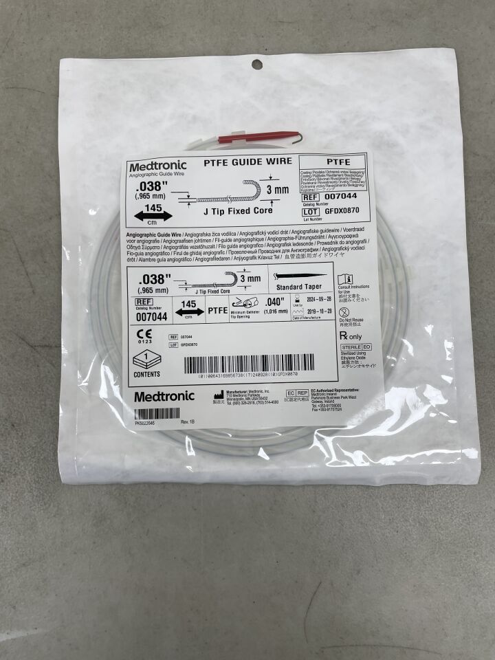7044 - MEDTRONIC - Angiographic PTFE Guide Wire, Fixed Core 0.038" x 145cm, J-Tip Fixed Core, (EA) - ( Expiry Date: 2024-09-28 )