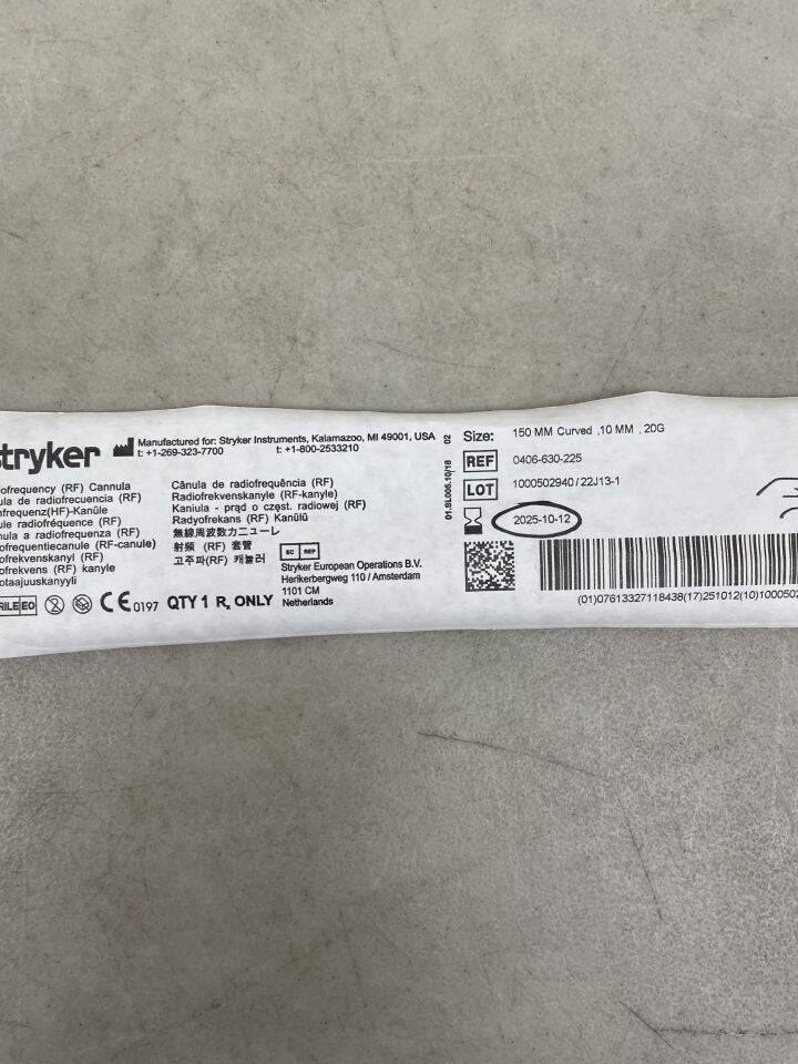 0406-630-225 - STRYKER - RF Cannula, HF-Surgery 20G x 150mm, 10mm Tip, Curved, (EA) - ( Expiry Date: 2025-10-12 )