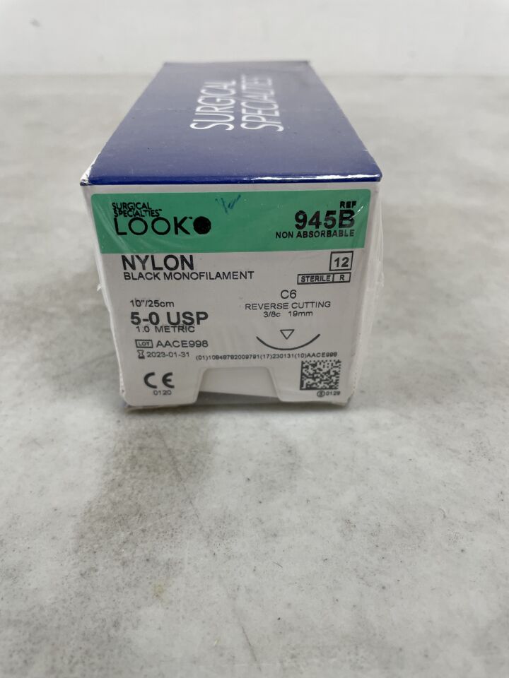945B - SURGICAL SPECIALTIES - Black Nylon Monofilament Suture, Size 5-0, 10", C6 Reverse Cutting Needle, (BX/12) - ( Expiry Date: 2023-01-31 )