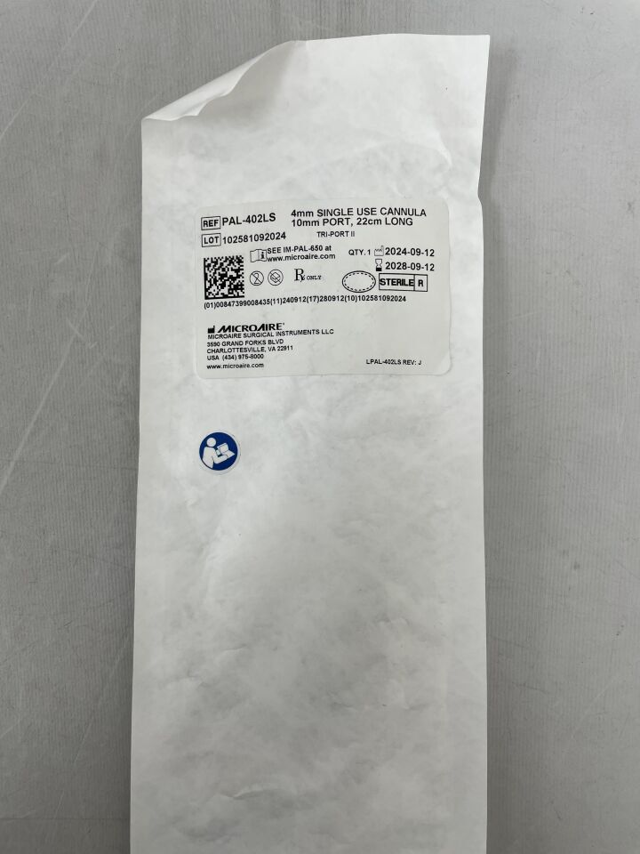 PAL-402LS - MICRO-AIRE - 4.0mm single use cannula 10mm port, 22cm long, (EA) - ( Expiry Date: 2028-09-12 )