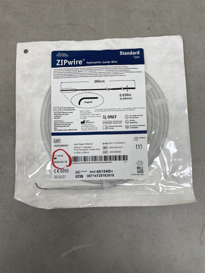 46154B - BOSTON SCIENTIFIC - ZIPwire Hydrophilic Guidewire, Standard Type, Angled, 260cm x 0.035in, (EA) - ( Expiry Date: 2024-04-19 )