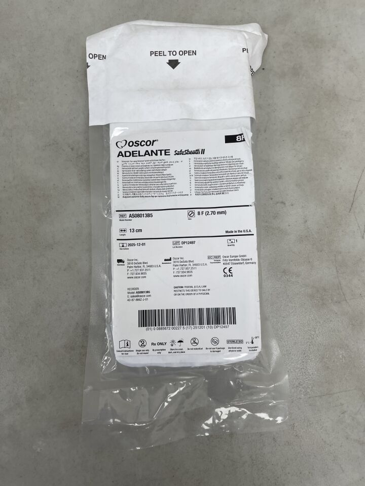 AS08013B5 - OSCOR - Adelante SafeSheath II Hemostatic Peel Away Introducer w/Side Port 8F x 13cm, (EA) - ( Expiry Date: 2025-12-01 )