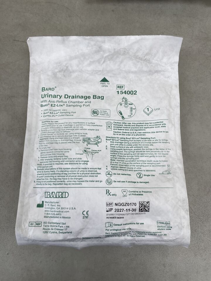 154002 - BARD - Urinary Drainage Bag w/Anti-Reflux Dome, 2000ml, (EA) - ( Expiry Date: 2027-11-30 )