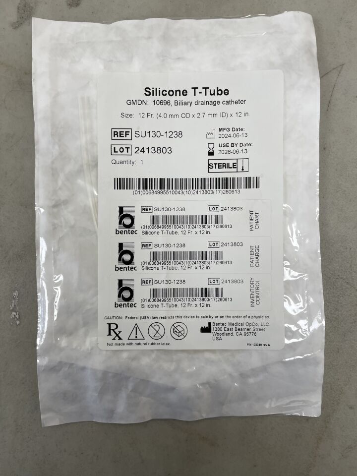 SU130-1238 - BENTEC MEDICAL - Silicone T-Tube, Sterile, 12 Fr , (EA) - ( Expiry Date: 2026-06-13 )