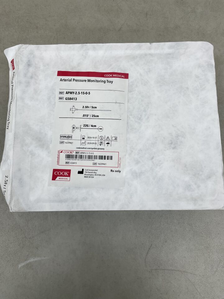 G58413 - COOK - Arterial Pressure Monitoring Tray 2.5F x 5cm, 22G, 0.015", (EA) - ( Expiry Date: 2026-10-31 )