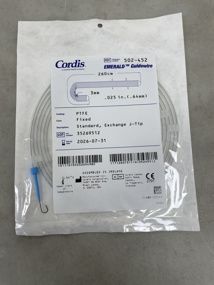 502-452 - CORDIS - Fixed Core Emerald Guidewire 0.025" x 260cm, Exchange, J-Tip, (EA) - ( Expiry Date: 2026-07-31 )
