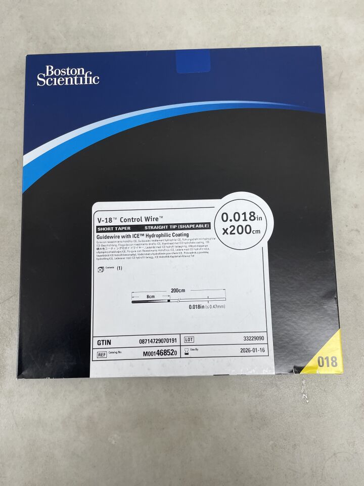 46852 - BOSTON SCIENTIFIC - V-18 Control Wire with ICE Hydrophilic Coating - Short Taper, Straight Tip (Shapeable) Guidewire - .018" x 200cm, (BX/1) - ( Expiry Date: 2026-01-16 )