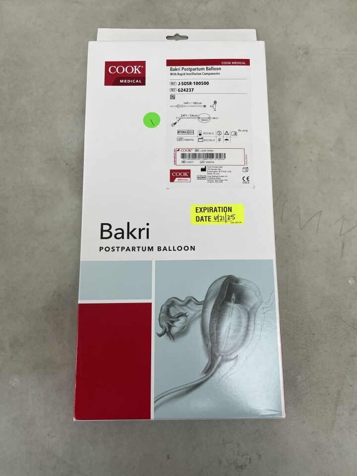 G24237 - COOK - Bakri Postpartum Balloon With Rapid Instillation Components, 24 Fr Catheter Size, 54 cm Length, 500 mL Balloon Volume, (BX/1) - ( Expiry Date: 2025-06-21 )