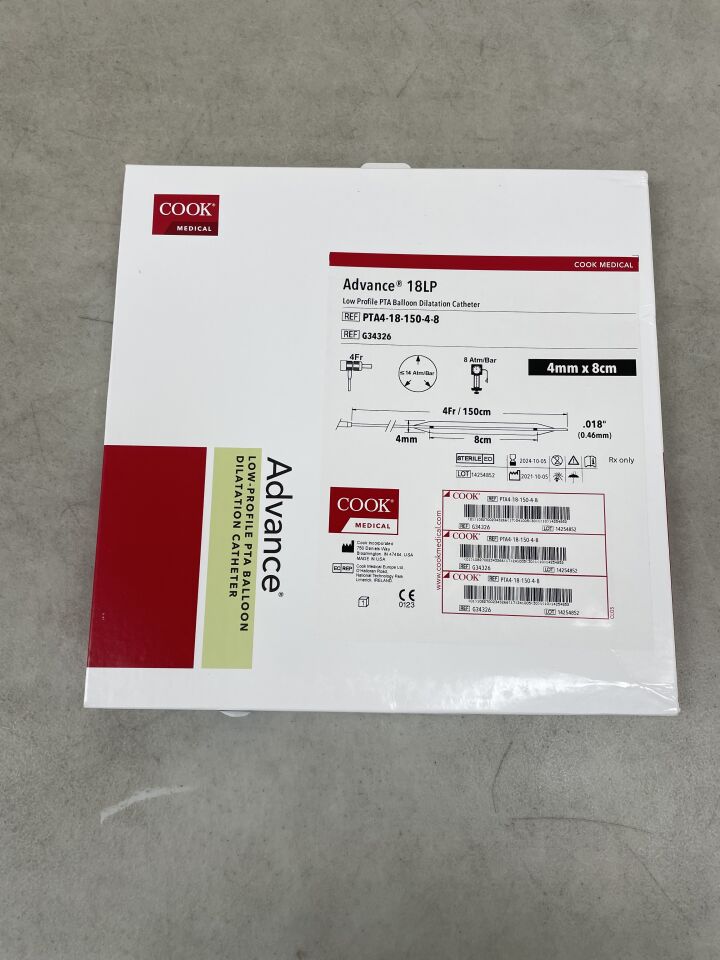 G34326 - COOK - Advance 18LP Low-Profile PTA Balloon Dilatation Catheter - 4mm x 8cm x 150cm, (BX/1) - ( Expiry Date: 2024-10-05 )