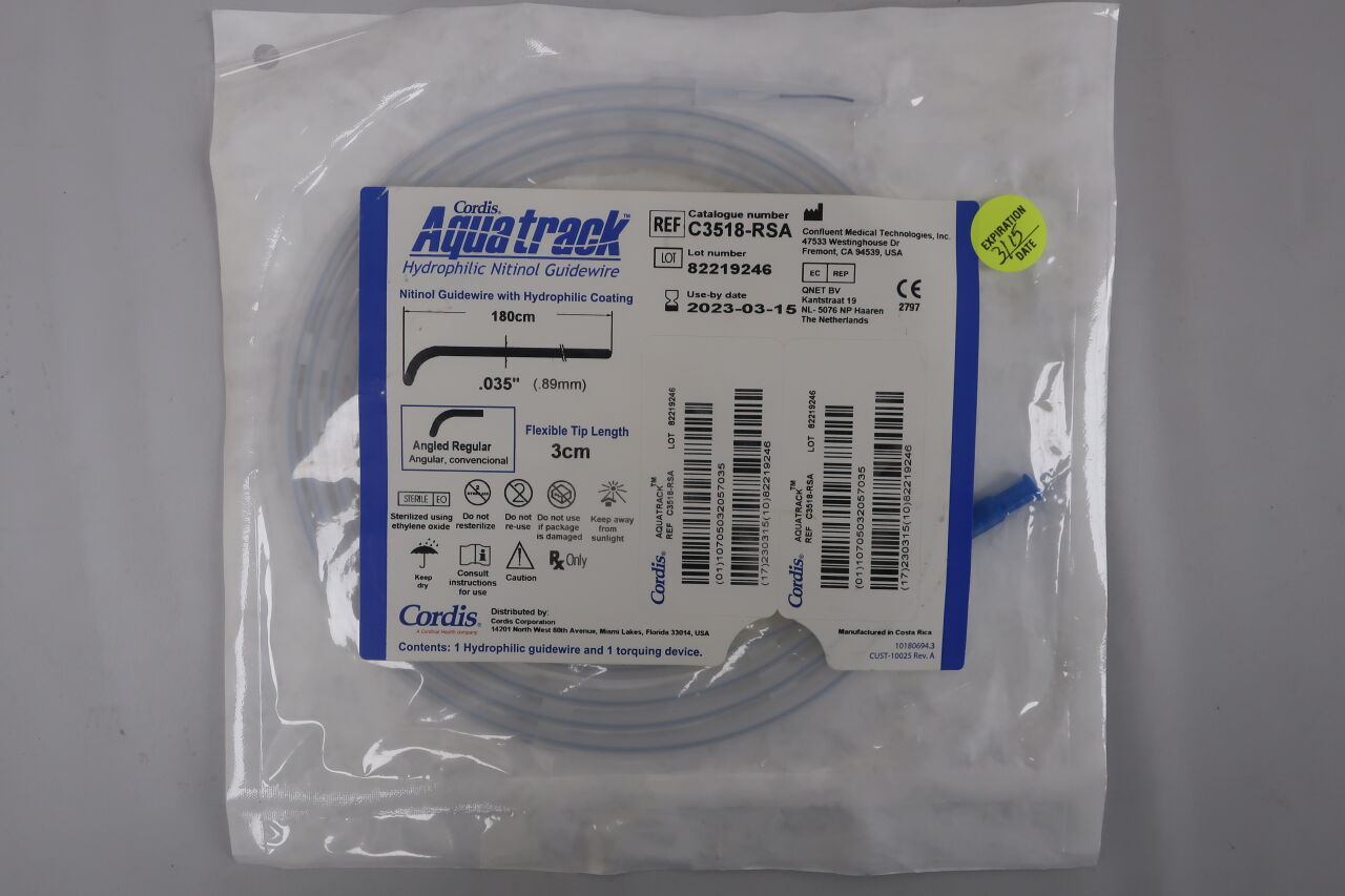 C3518-RSA - CORDIS - Aquatrack Hydrophilic Nitinol Guidewire, Regular, Angled: 0.035" x 180cm, (EA) - ( Expiry Date: 2025-07-27 )