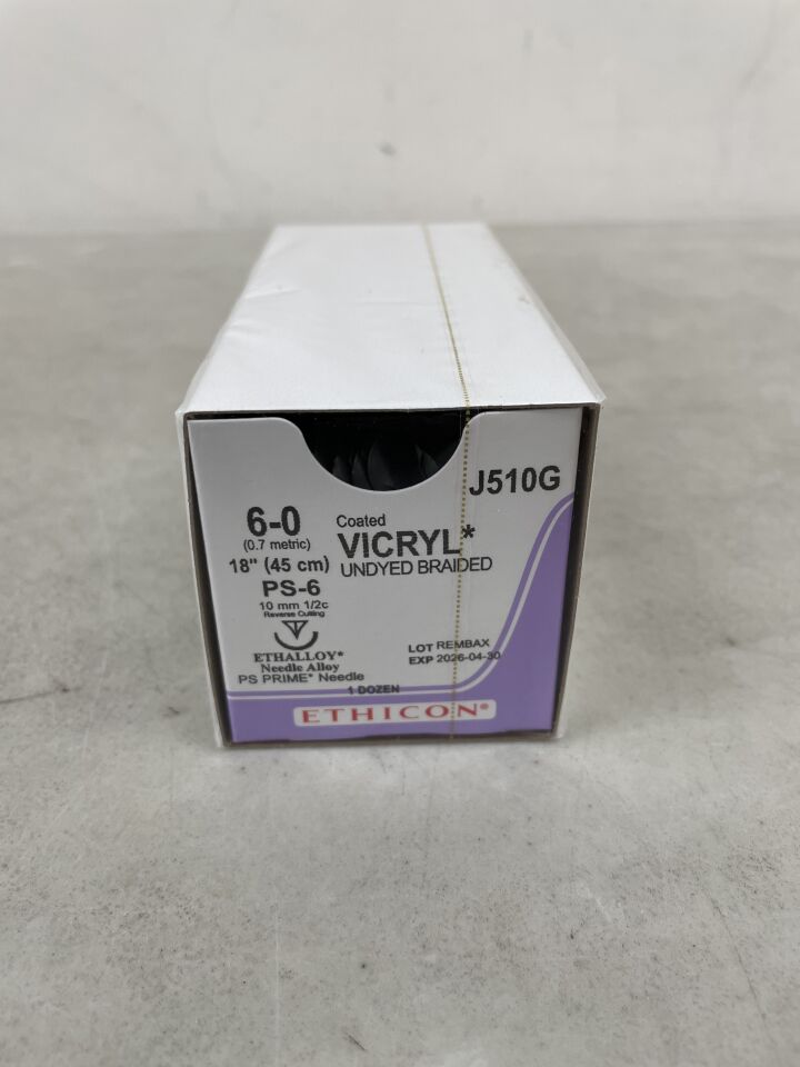 J510G - ETHICON - Coated Vicryl Absorbable Braided Polyglactin 910 Suture, Size 6-0, 18 in. Length, PS-6 Needle , ( BX/12 ) - ( Expiry Date : 2026-04-30 )