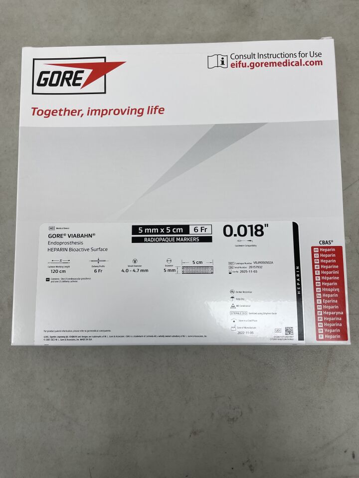 VBJR050502A - GORE - viabahn endoprosthesis with heparin: 5mm x 5cm x 120cm, (BX/1) - ( Expiry Date: 2025-11-03 )
