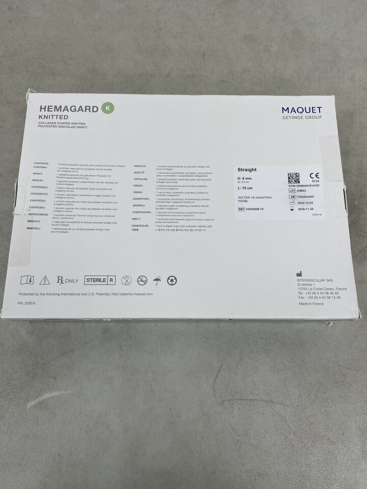 HGK0008-70 - MAQUET - Hemagard Knitted Collagen Coated Polyester Vascular Graft - Straight - 8mm x 70cm, (BX/1) - ( Expiry Date: 2025-11-30 )