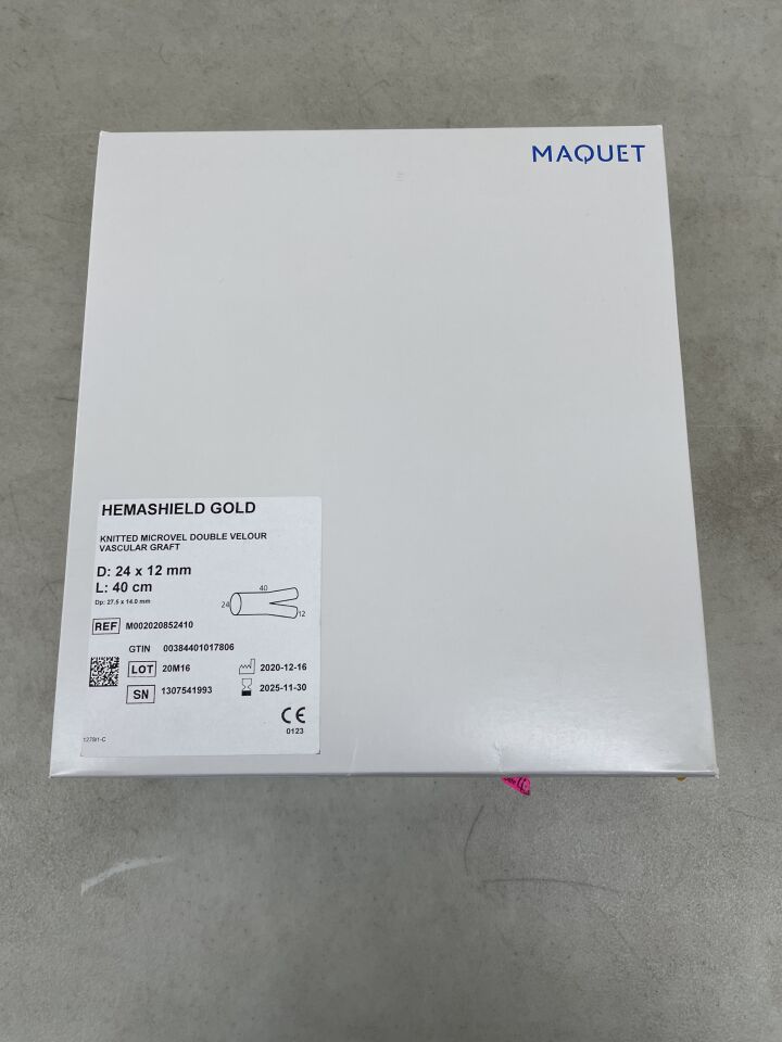 M002020852410 - MAQUET - Hemashield Gold Knitted Microvel Double Velour Vascular Graft - Bifurcated - 24mm x 12mm x 40cm, (BX/1) - ( Expiry Date: 2025-11-30 )