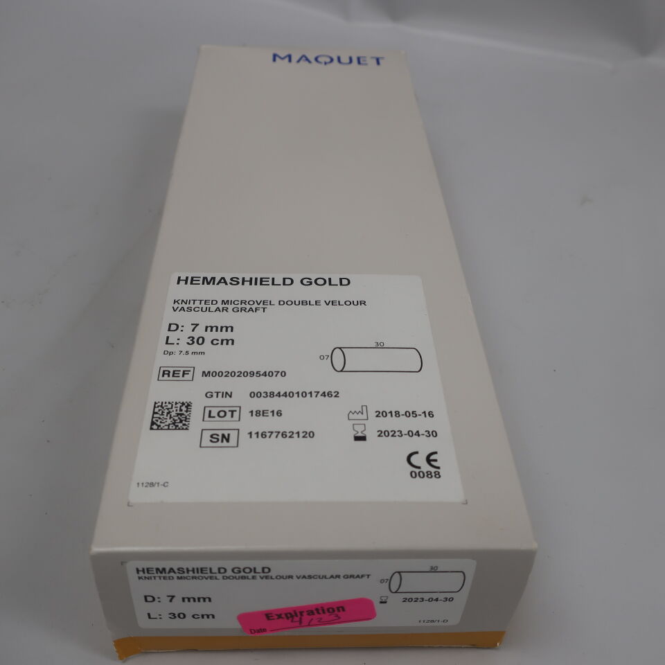 M002020954070 - MAQUET - HEMASHIELD GOLD KNITTED MICROVEL STRAIGHT DOUBLE VELOUR VASCULAR GRAFT WITH GRAFT 7mm x 30cm, (BX/1) - ( Expiry Date: 2025-11-30 )