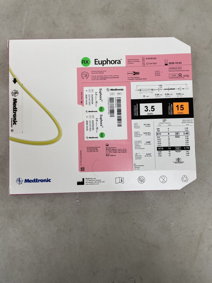 EUP3515X - MEDTRONIC - Euphora RX Semicompliant Balloon Dilatation Catheter - 3.5mm x 15mm, (BX/1) - ( Expiry Date: 2025-10-03 )