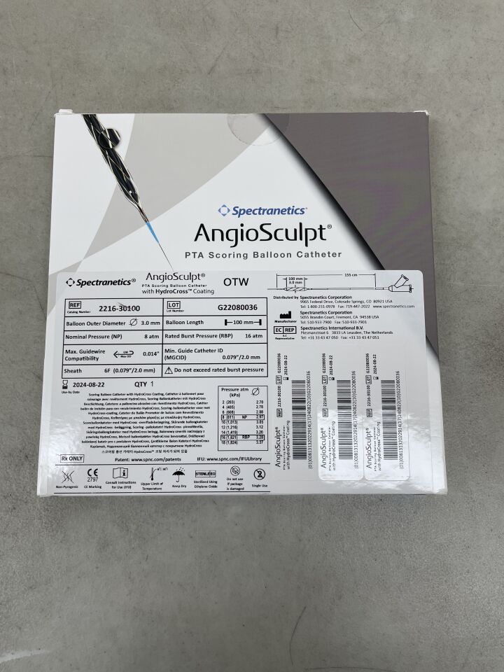 2216-30100 - SPECTRANETICS - AngioSculpt OTW PTA Scoring Balloon Catheter with HydroCross Coating - 3.0mm x 100mm x 155cm, (BX/1) - ( Expiry Date: 2024-08-22 )