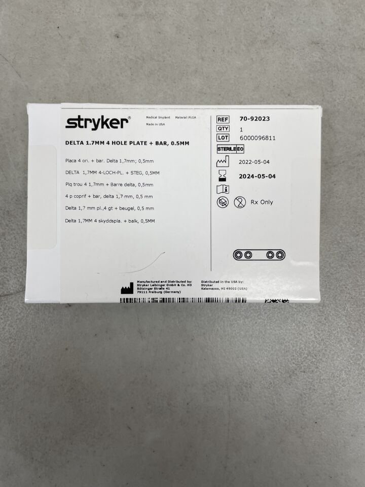 70-92023 - STRYKER - Delta 1.7mm Straight Plate, 4 Hole, 0.5mm, (BX/1) - ( Expiry Date: 2024-05-04 )