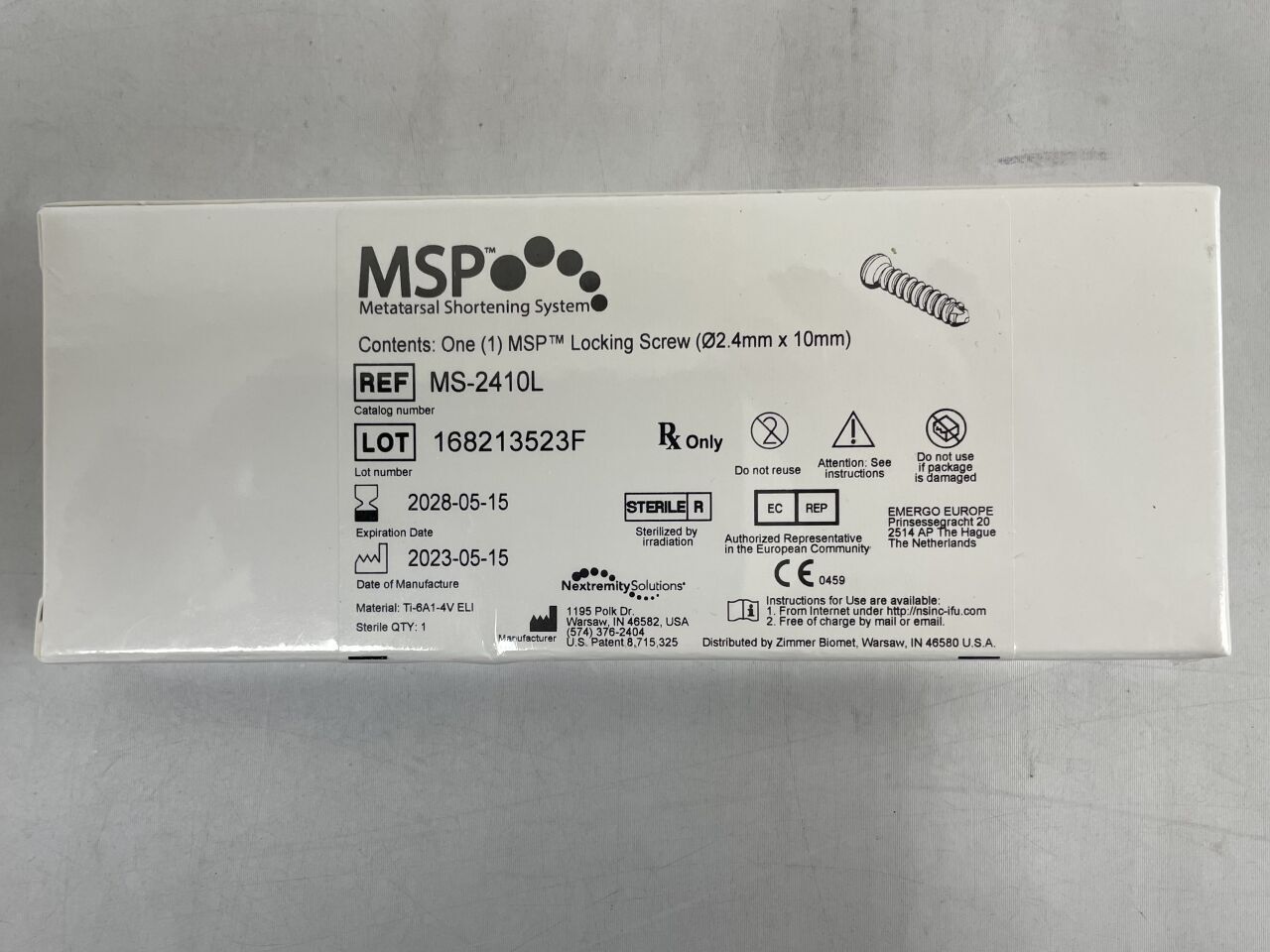 MS-2410L - NEXTREMITY SOLUTIONS - MSP Locking Screw 2.44mm x 10mm, (BX/1) - ( Expiry Date: 2028-05-15 )