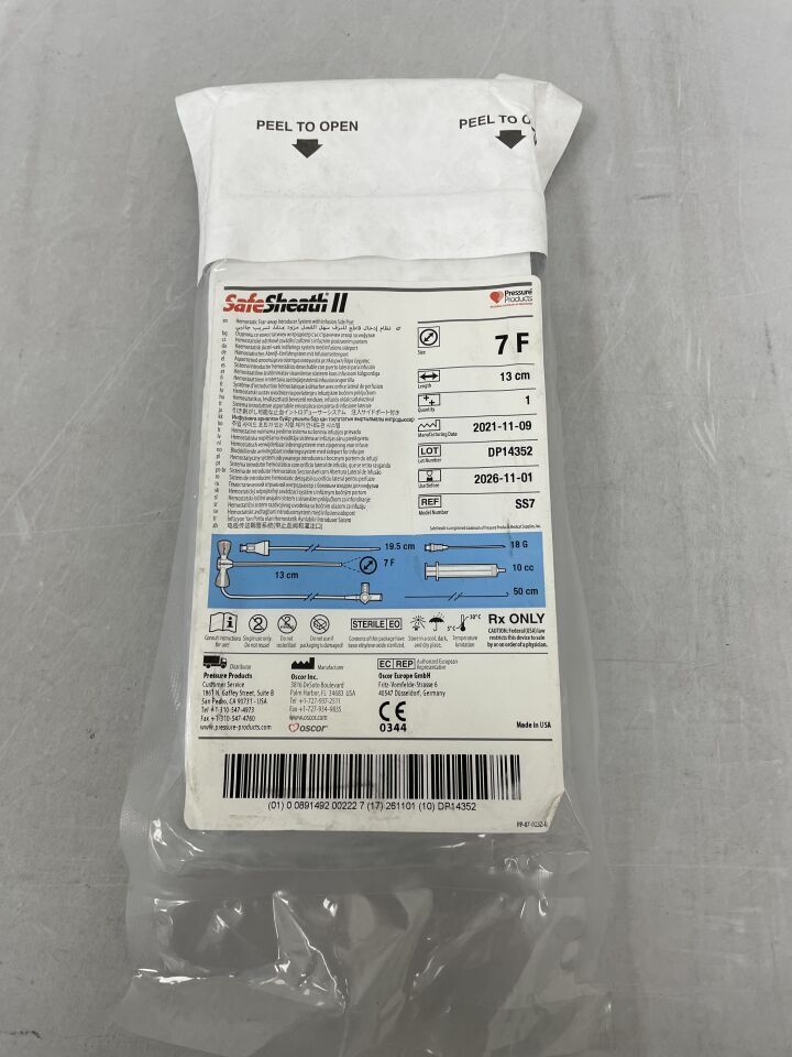 SS7 - OSCOR - SafeSheath II Hemostatic Tear-away Introducer System with Infusion Side Port, 7F x 13 cm, (EA) - ( Expiry Date: 2026-11-01 )