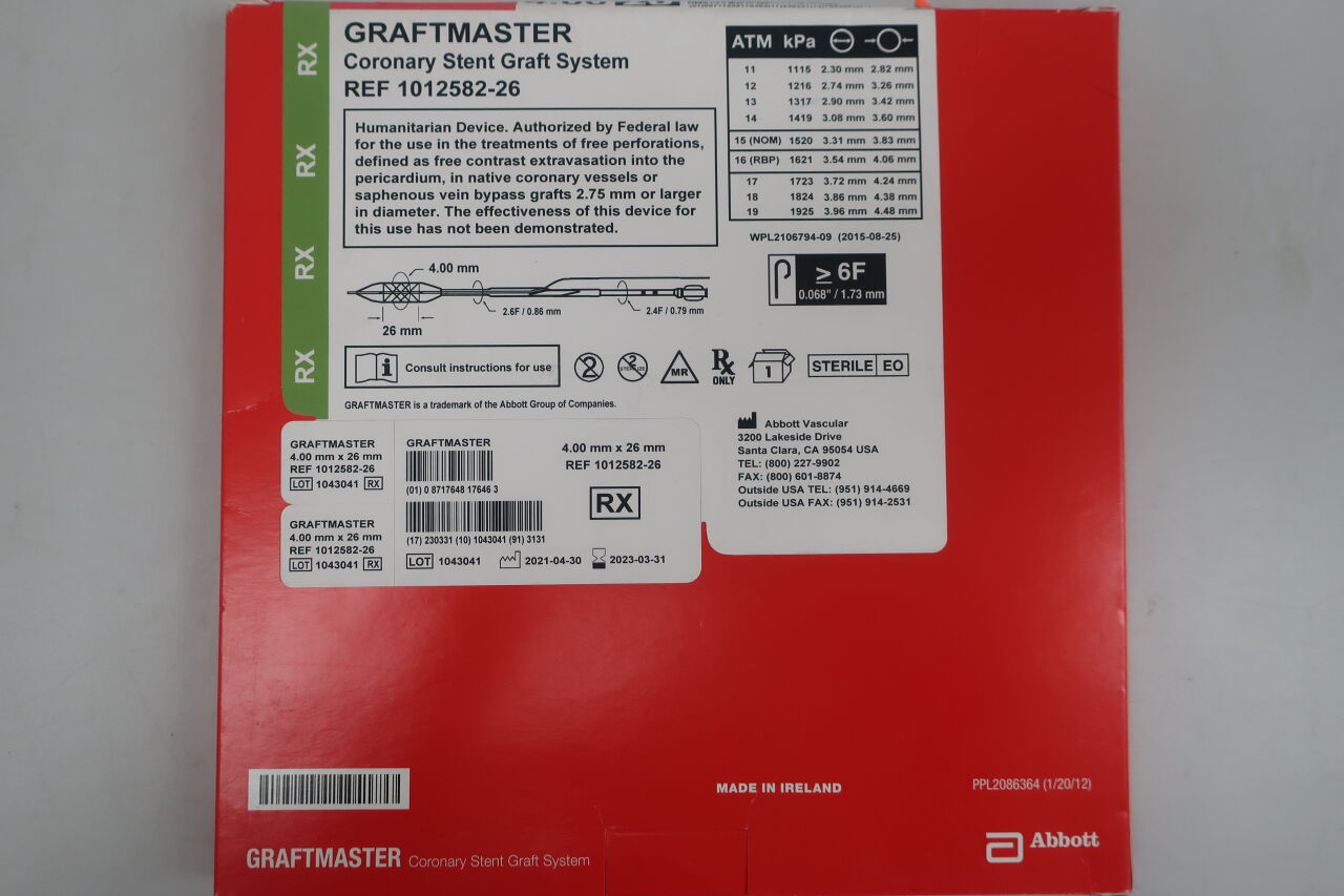 1012582-26 - ABBOTT - GRAFTMASTER Coronary Stent Graft System 4.00 mm x 26 mm / Rapid-Exchange, (BX/1) - ( Expiry Date: 2023-08-31 )