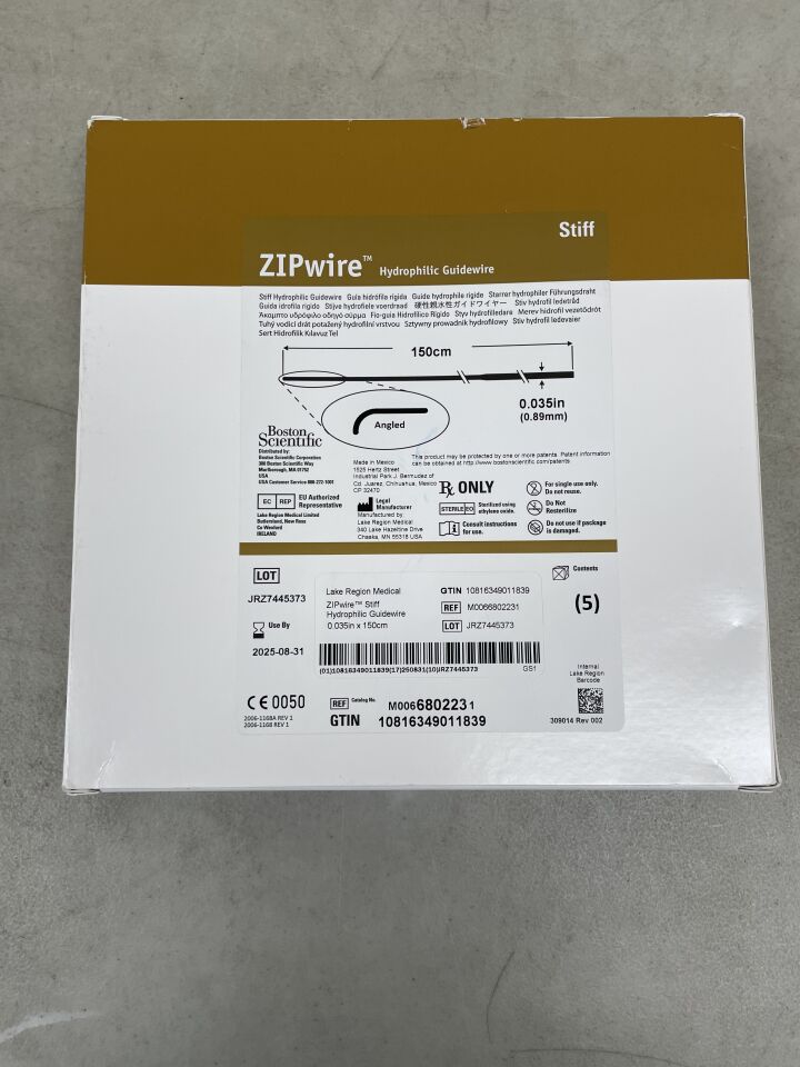 680223 - BOSTON SCIENTIFIC - ZIPwire Hydrophilic Guidewire - Stiff, Angled - .035" x 150cm, (BX/5) - ( Expiry Date: 2025-12-28 )