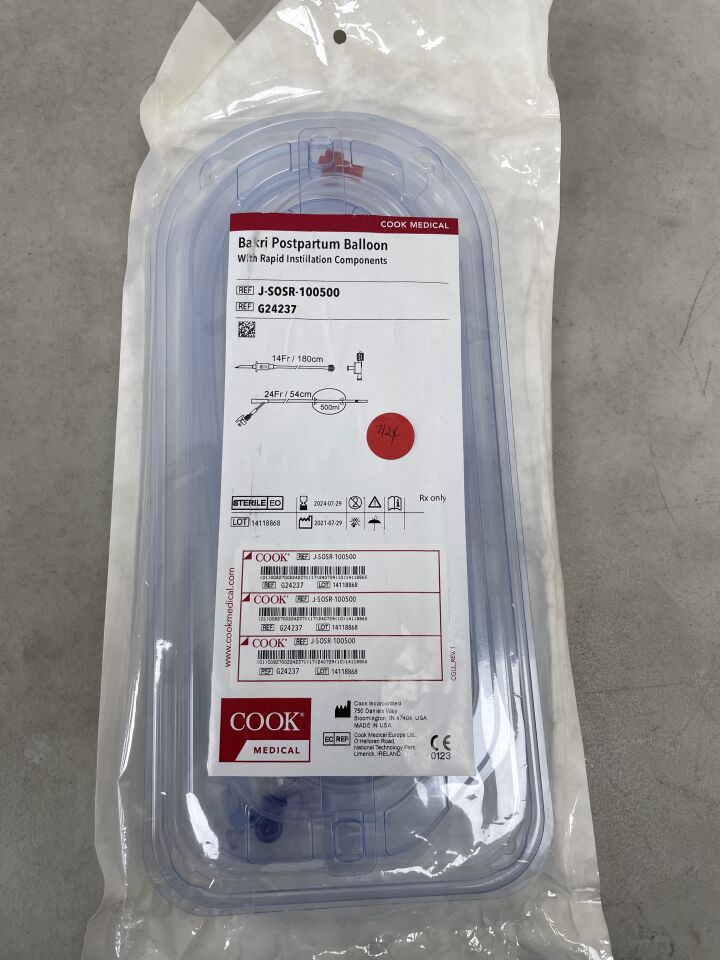 G24237 - COOK - Bakri Postpartum Balloon With Rapid Instillation Components, 24 Fr Catheter Size, 54 cm Length, 500 mL Balloon Volume, (EA) - ( Expiry Date: 2025-05-28 )