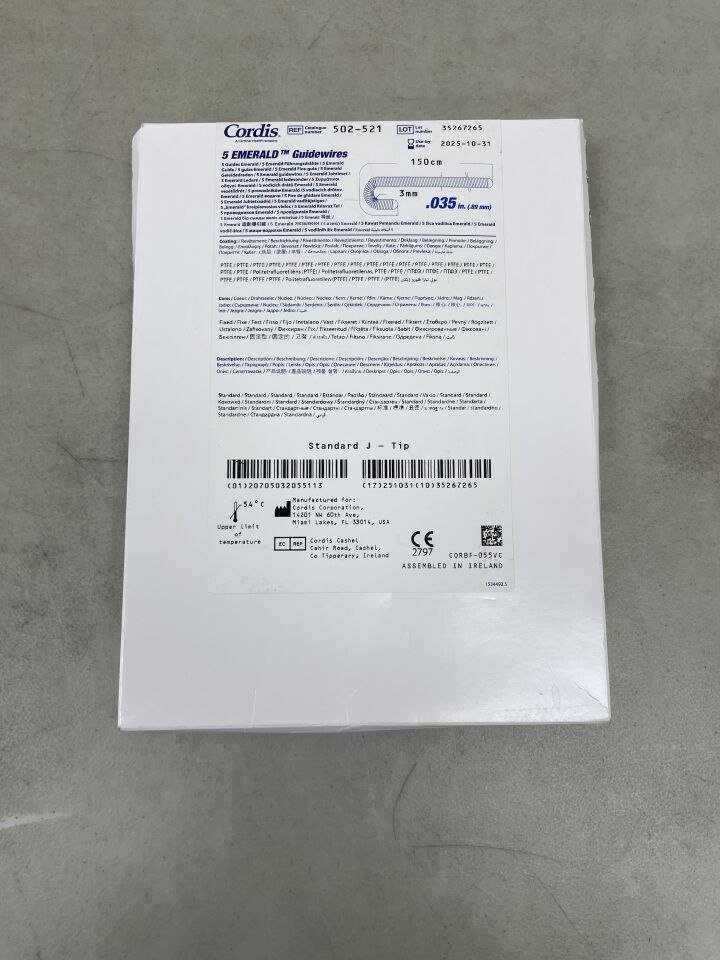 502-521 - CORDIS - Emerald Fixed-Core Guidewire, 3 mm J-Curve Tip, 0.035 in. dia. x 150 cm Length, (BX/5) - ( Expiry Date: 2025-01-18 )