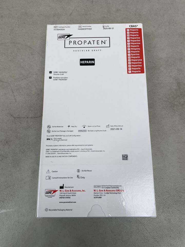 HT064050A - GORE - PROPATEN Vascular Graft - Thin Wall, Removable Ring - HEPARIN - 6mm x 50cm, (BX/1) - ( Expiry Date: 2025-06-28 )
