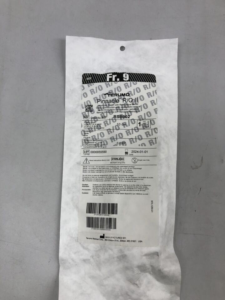 RSB902 - TERUMO - Pinnacle R/O II Introducer Sheath with Radiopaque Marker - 9Fr x 10cm x .038", (EA) - ( Expiry Date: 2025-06-09 )