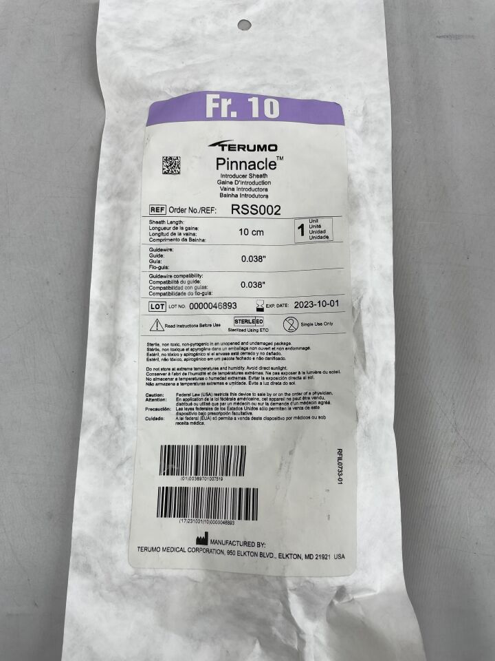RSS002 - TERUMO - Pinnacle Introducer Sheath - 10Fr x 10cm x .038", (EA) - ( Expiry Date: 2025-06-09 )
