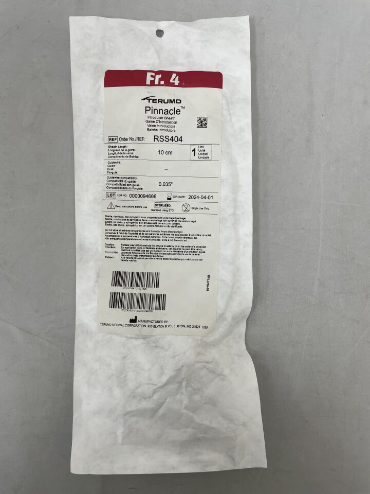 RSS404 - TERUMO - Pinnacle Introducer Sheath - 4Fr x 10cm x .035", (EA) - ( Expiry Date: 2025-08-25 )