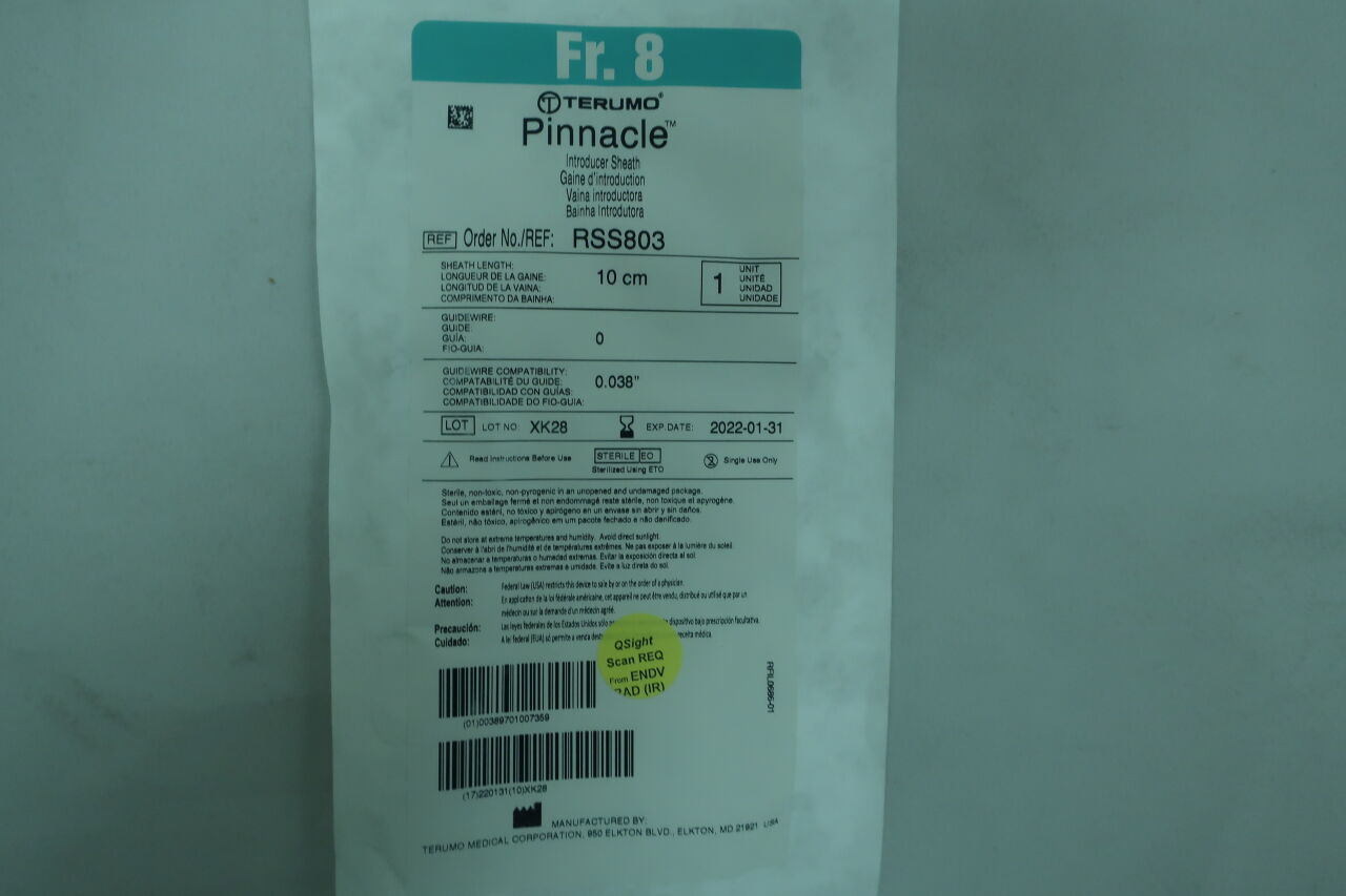 RSS803 - TERUMO - Pinnacle Introducer Sheath - 8Fr x 10cm x .038", (EA) - ( Expiry Date: 2024-08-22 )