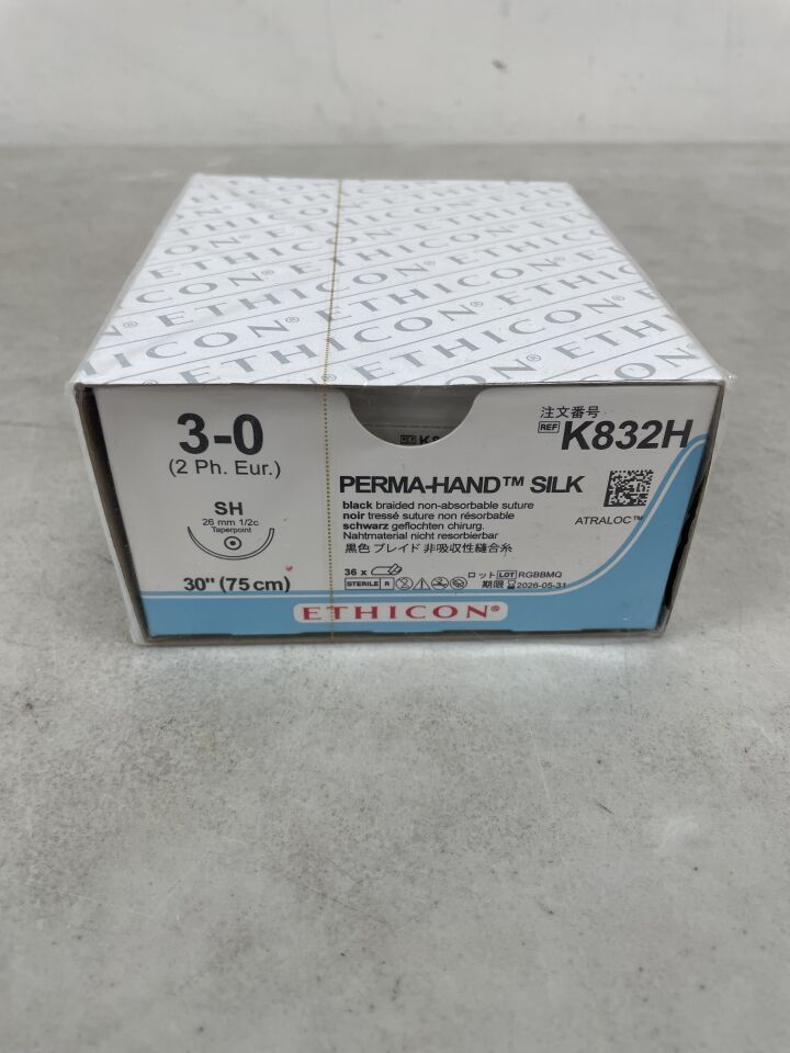 K832H - ETHICON - Perma-Hand Non-Absorbable Braided Silk Suture, Size 3-0, 30 in. Length, SH Needle , ( BX/36 ) - ( Expiry Date : 2026-05-31 )