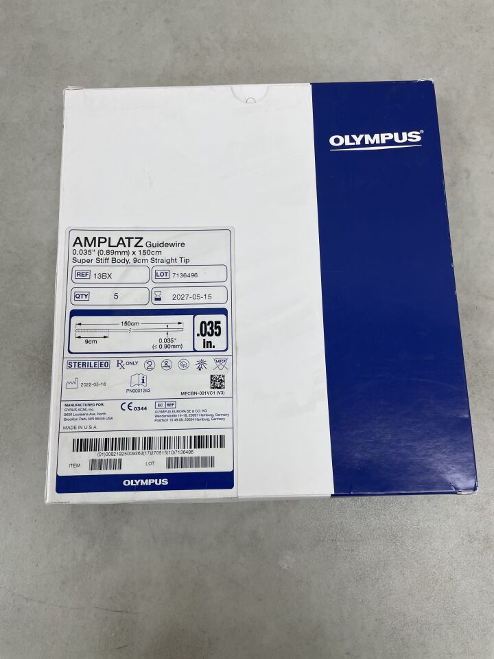 13BX - OLYMPUS - Amplatz PTFE Guidewire 0.035" x 150cm Super Stiff Body, 9cm Straight Tip, (BX/5) - ( Expiry Date: 2027-05-15 )